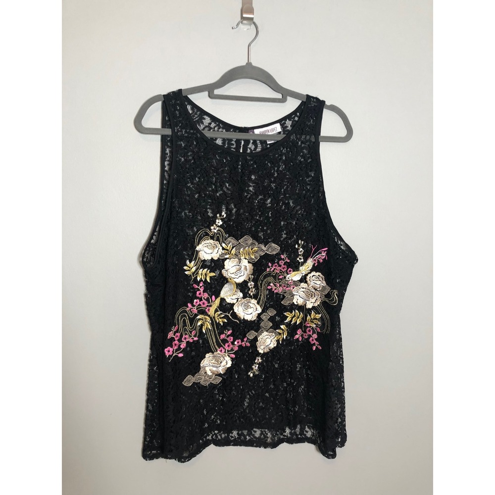 Jennifer Lopez Lace Tank Top Women 2X Black Embroidered Floral Sleeveless Blouse